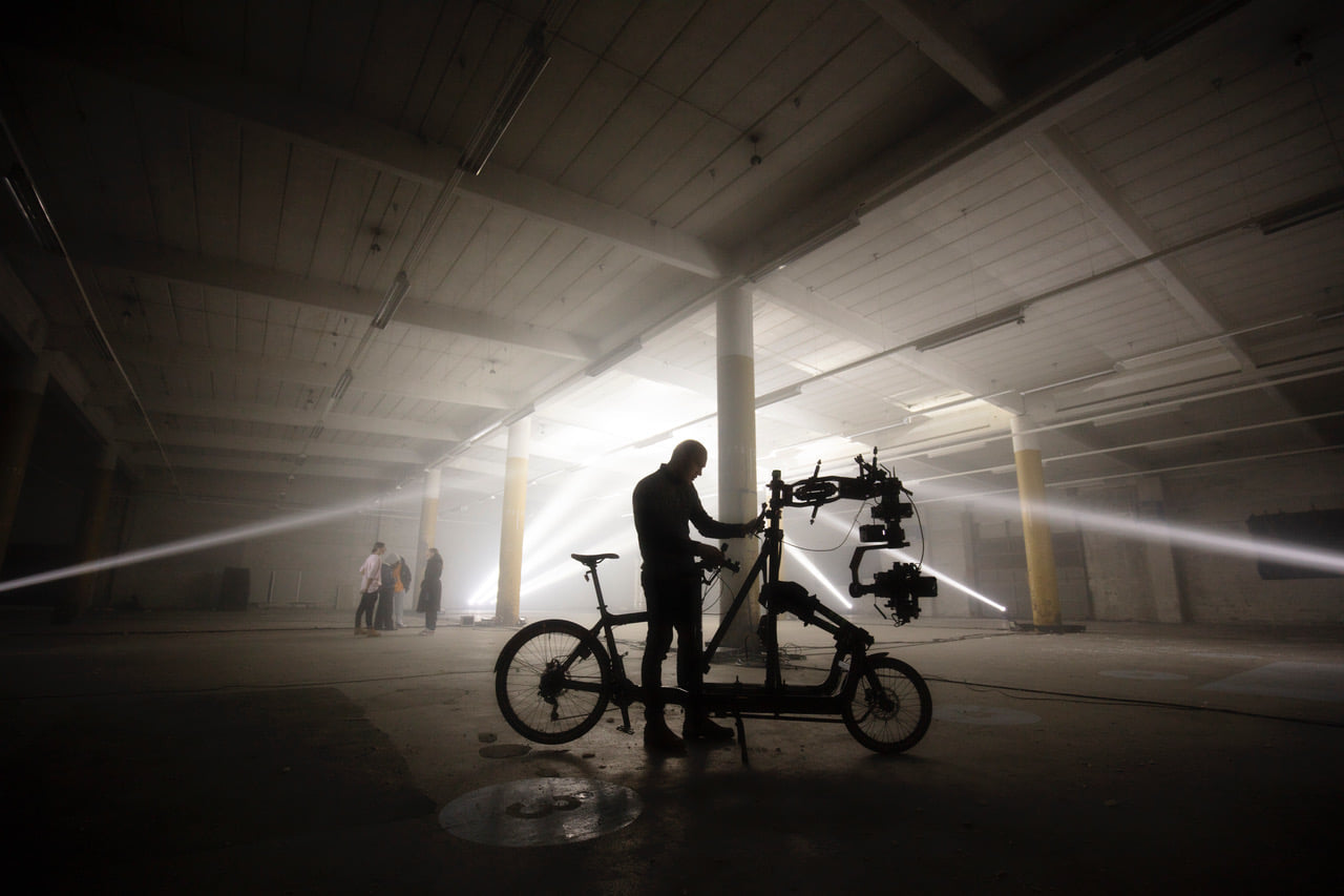 cinematic picture of a film shoot in a warehouse