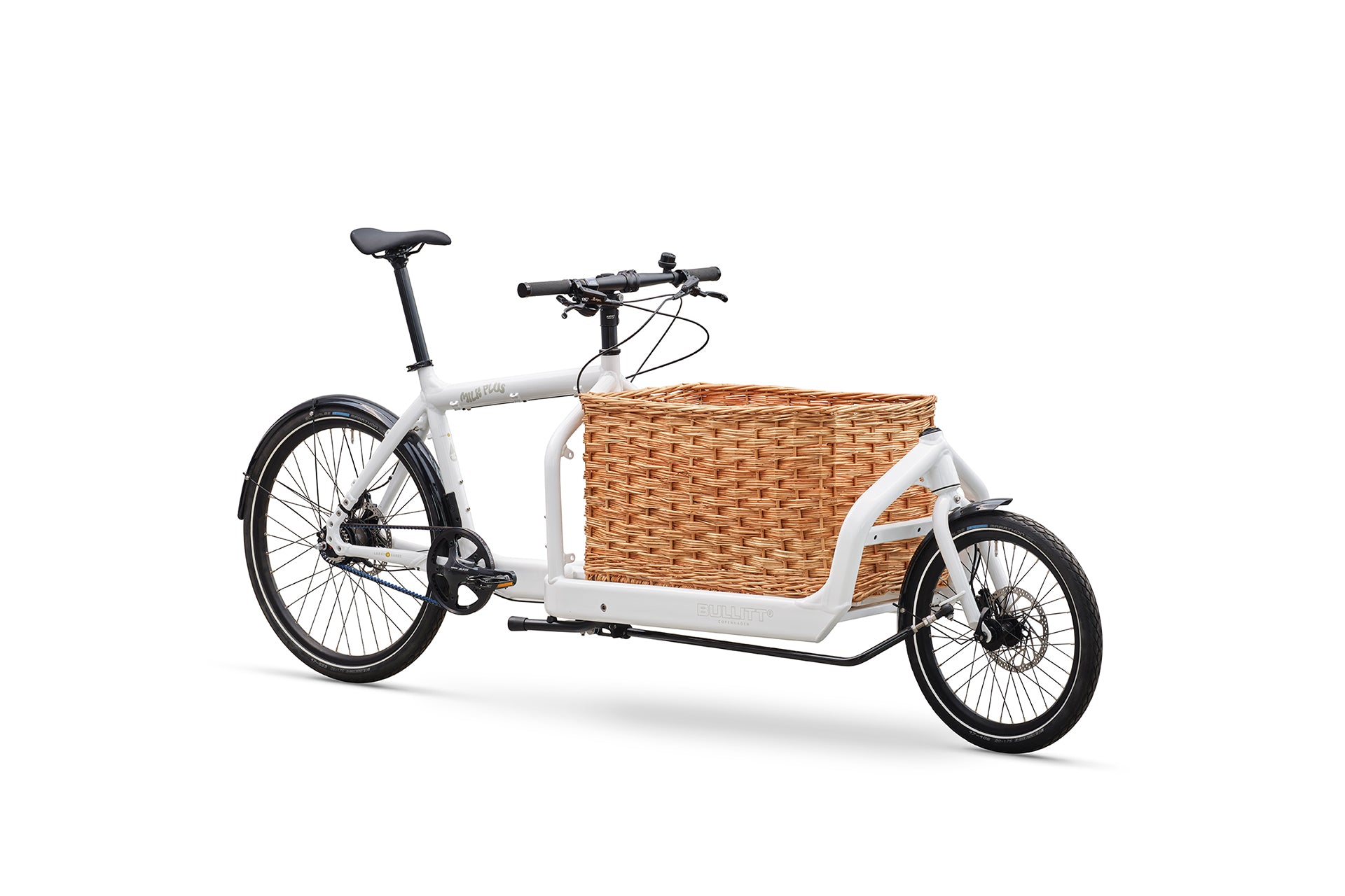 White Bullitt cargo bike with a wicker basket on a white background