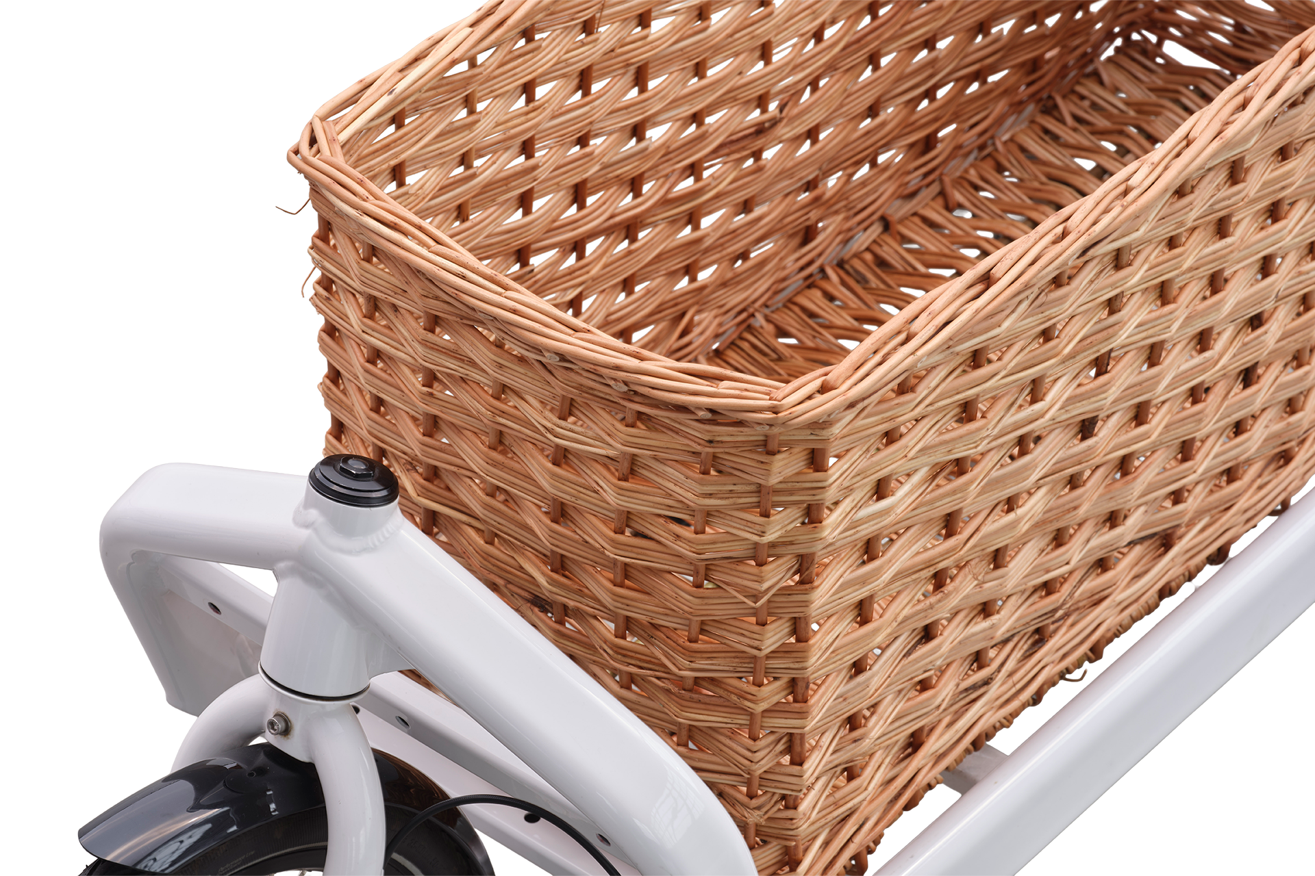Wicker basket attached to the cargo bed of a white Bullitt cargo bike