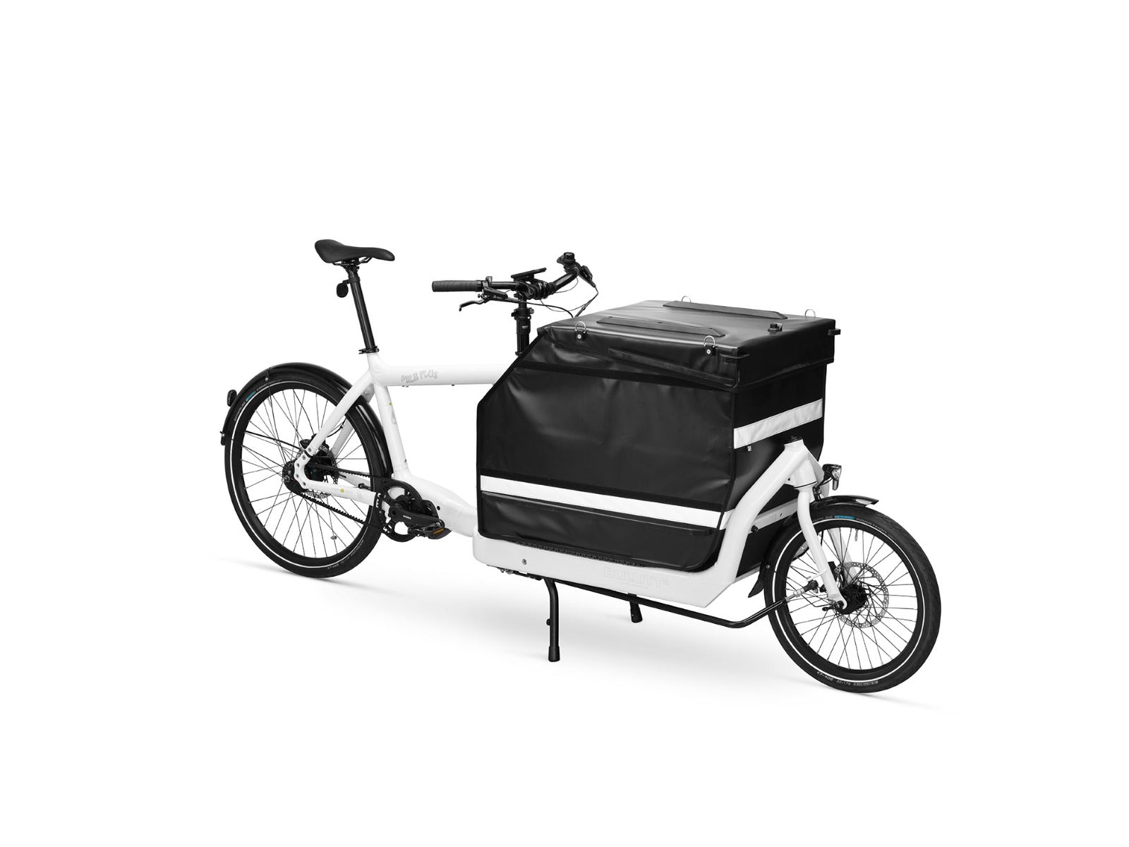 A white eBullitt cargo bike with a lidded black cargo box mounted on the cargo bed.