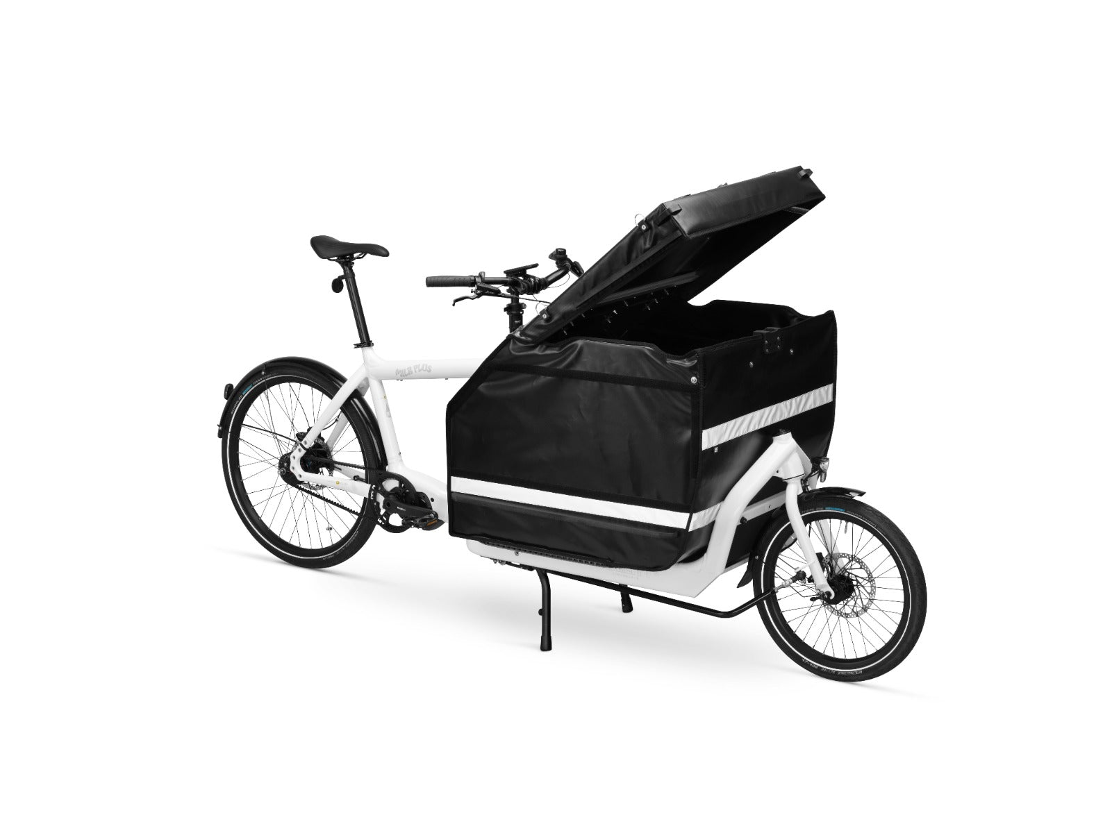 A white eBullitt cargo bike with a lidded black cargo box mounted on the cargo bed. The lid is open