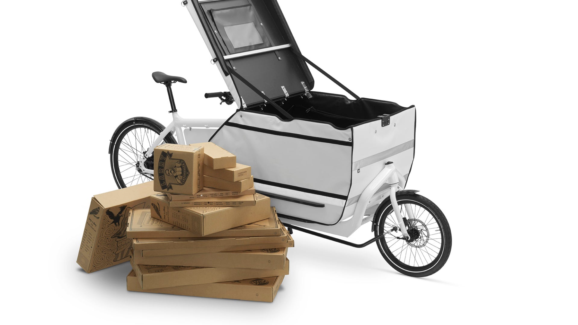 400L BagPRO with an open lid mounted on a Milkplus eBullitt X. Packages infront if the bike