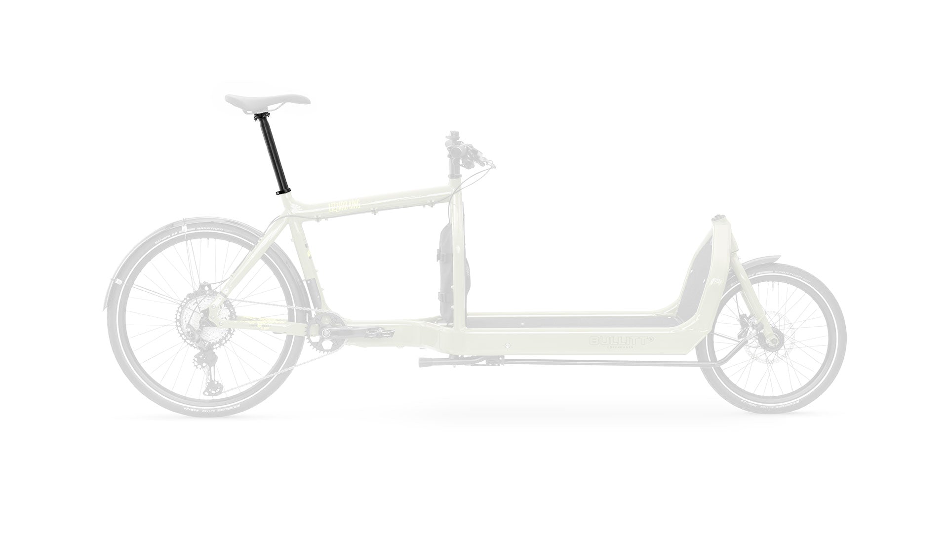 A black seatpost mounted on a Bullitt cargo bike, seen from the side