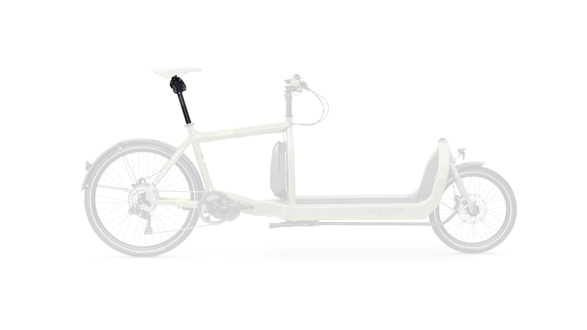 A black suspension seatpost mounted on a Bullitt cargo bike, seen from the side