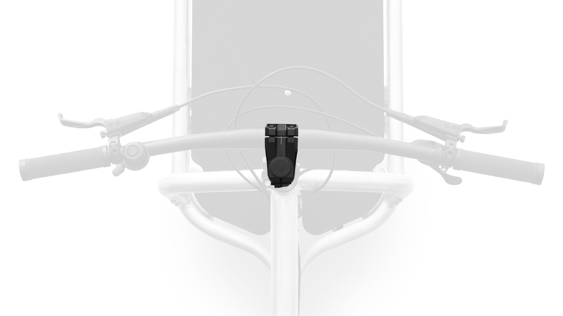 Closeup of a short black stem mounted on a Bullitt cargo bike, seen from above