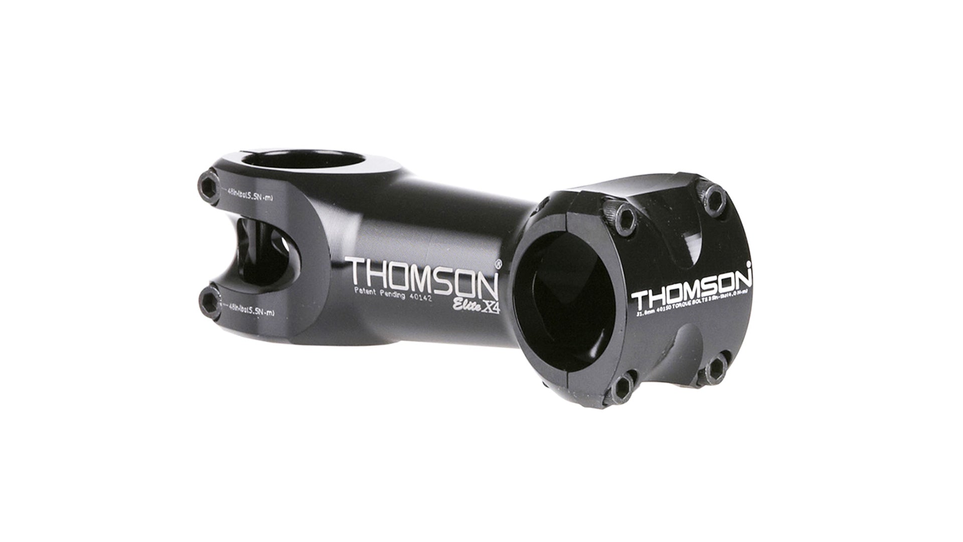 A long black stem on a white background. Print on the neck of the stem says "Thomson, patent pending 40142, Elite X4"