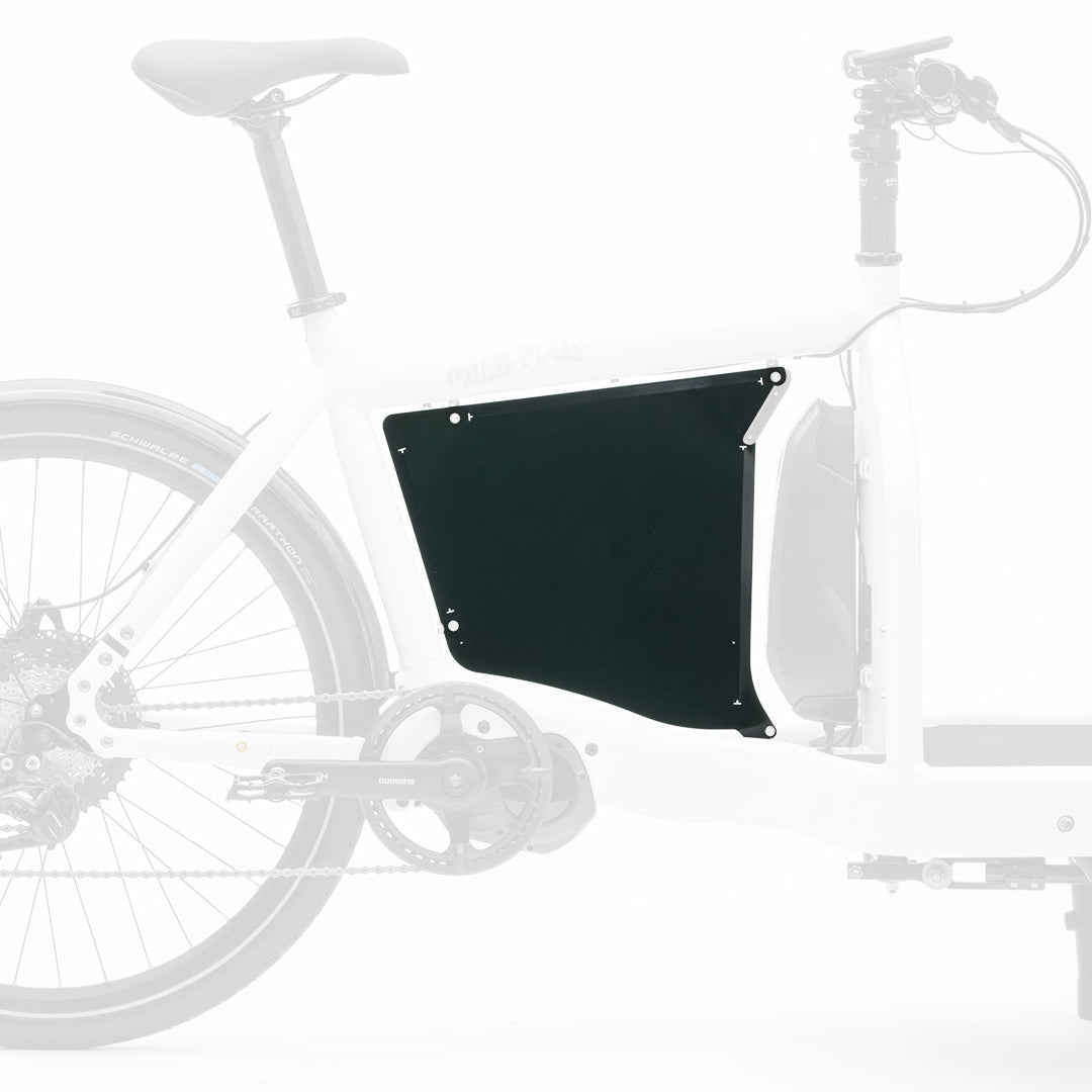 Closeup of a black billboard on an eBullitt cargo bike