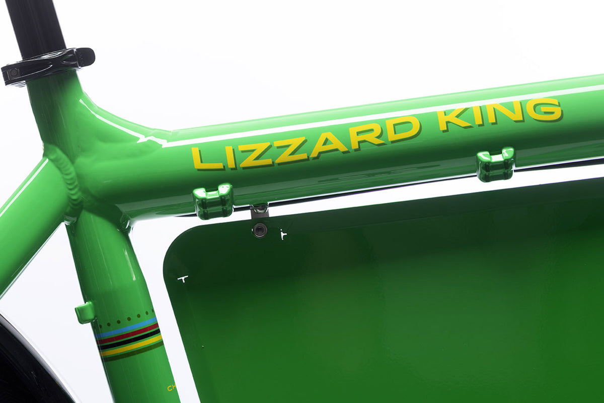Closeup of a Bullitt cargo bike in the vintage Lizzard King colorway, showing the attachment bracket of a billboard
