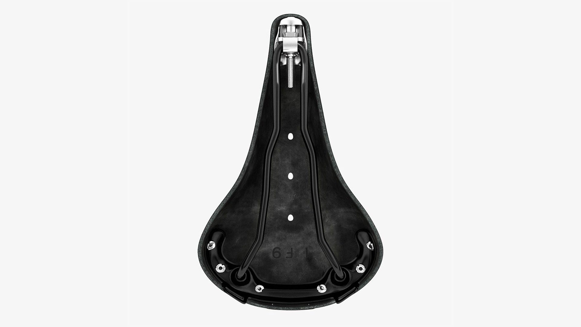 Brooks B17 black saddle seen from the bottom on a white background