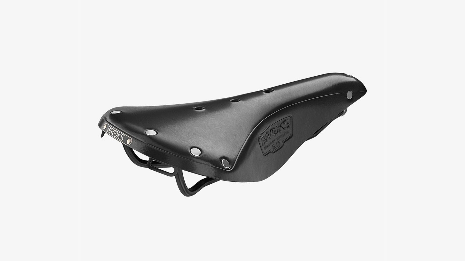 Brooks B17 black saddle seen from an angle on a white background