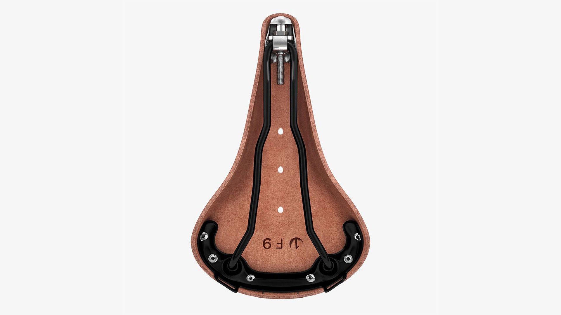 Brooks B17 brown saddle seen from the bottom on a white background