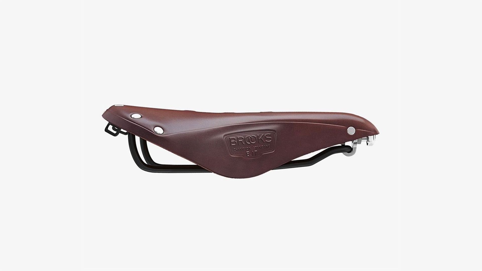 Brooks B17 brown saddle seen from the side on a white background