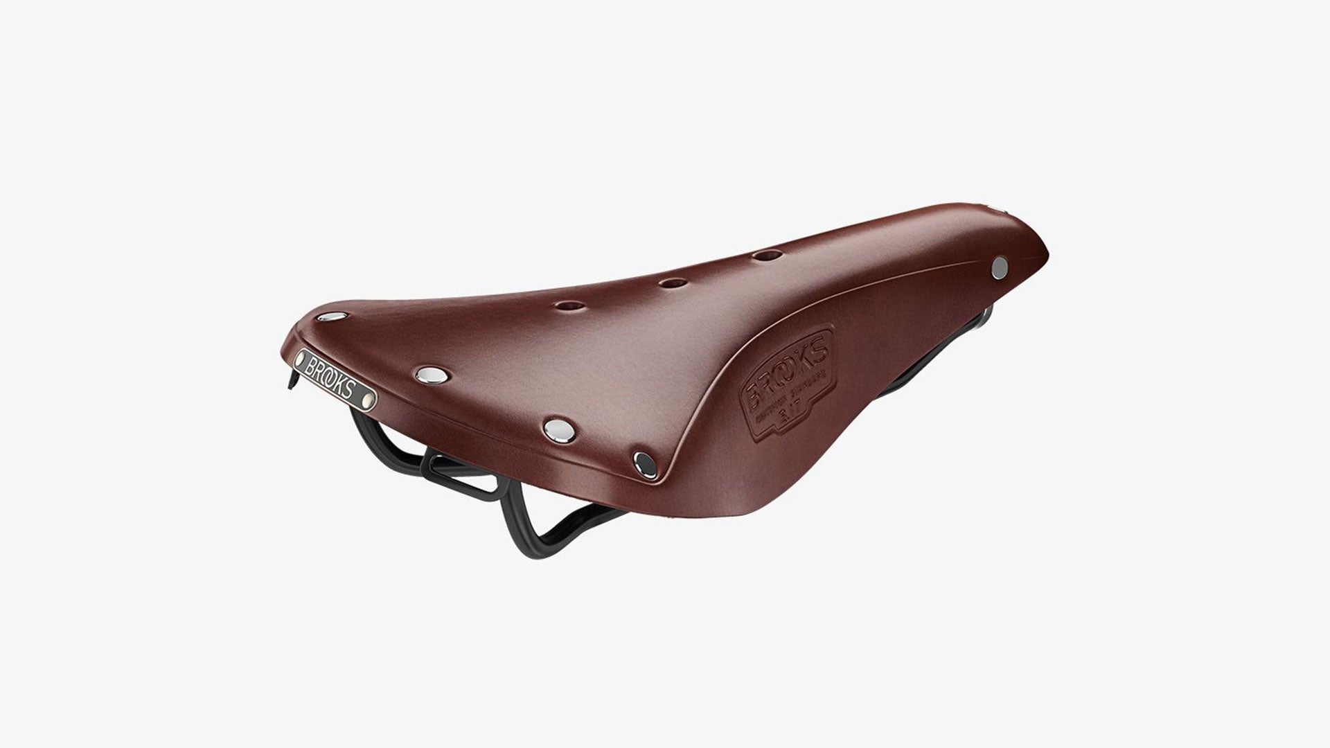 Brooks B17 brown saddle seen from an angle on a white background