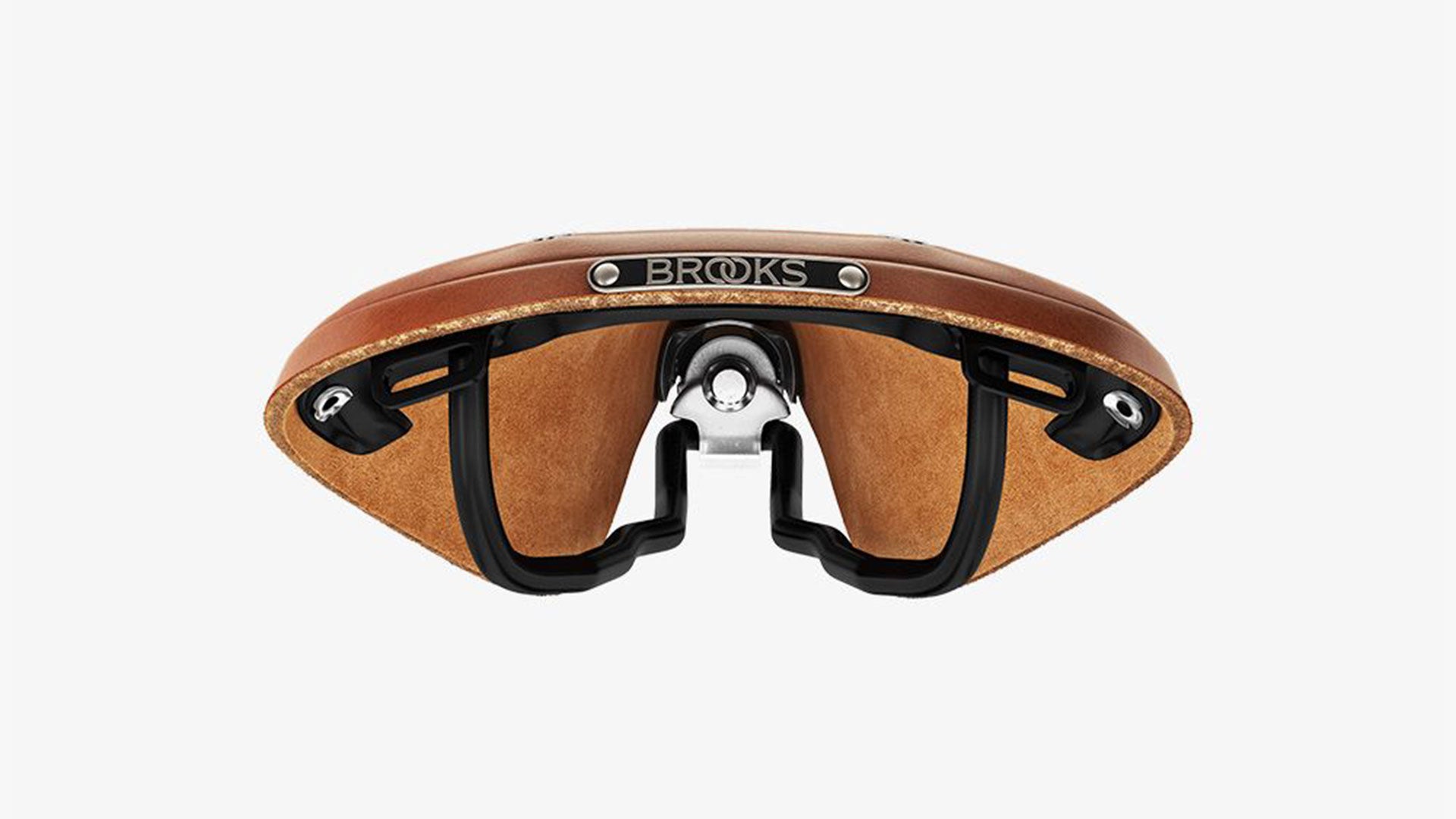 Brooks B17 honey saddle seen from the back on a white background