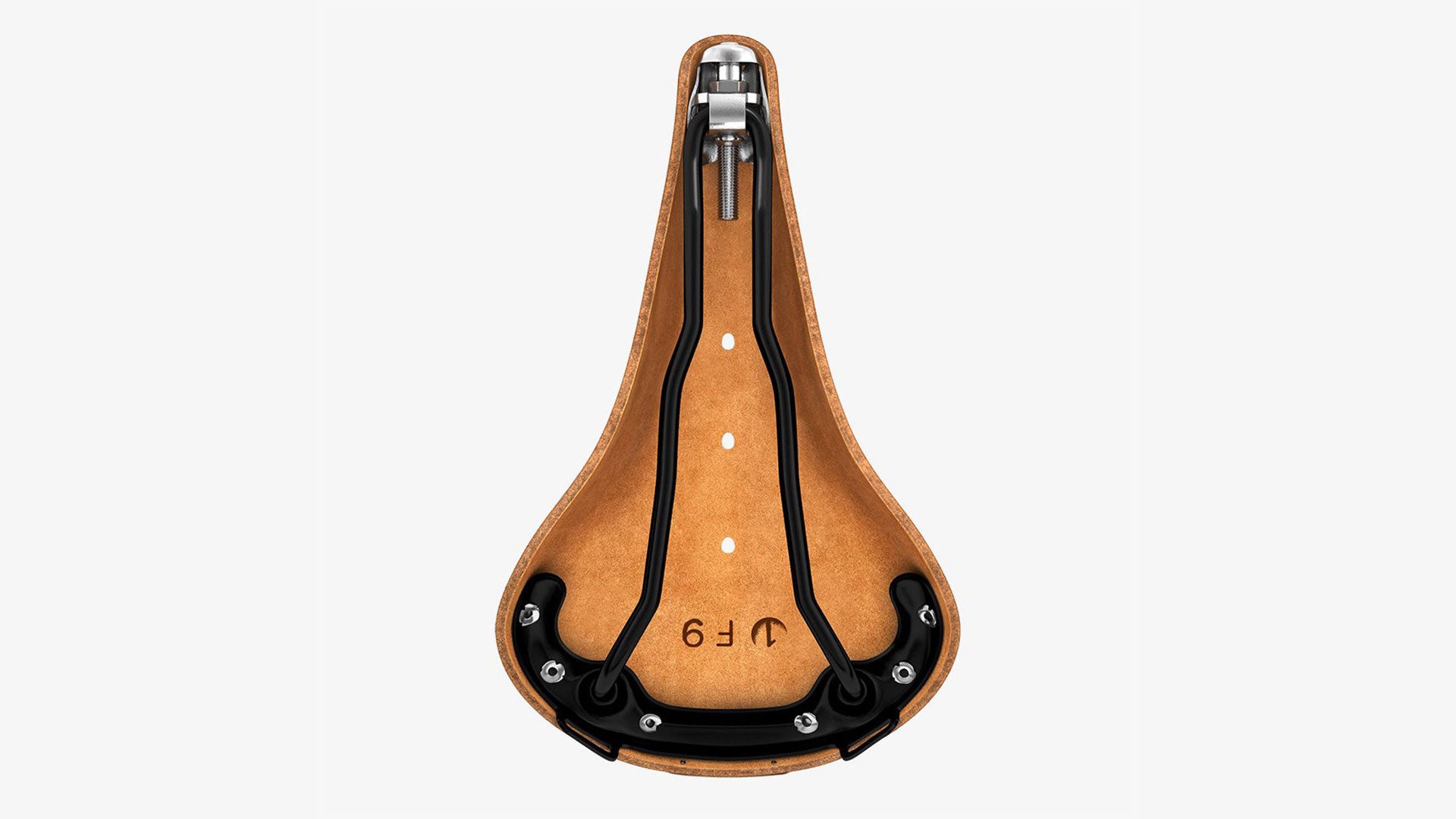 Brooks B17 honey saddle seen from the bottom on a white background
