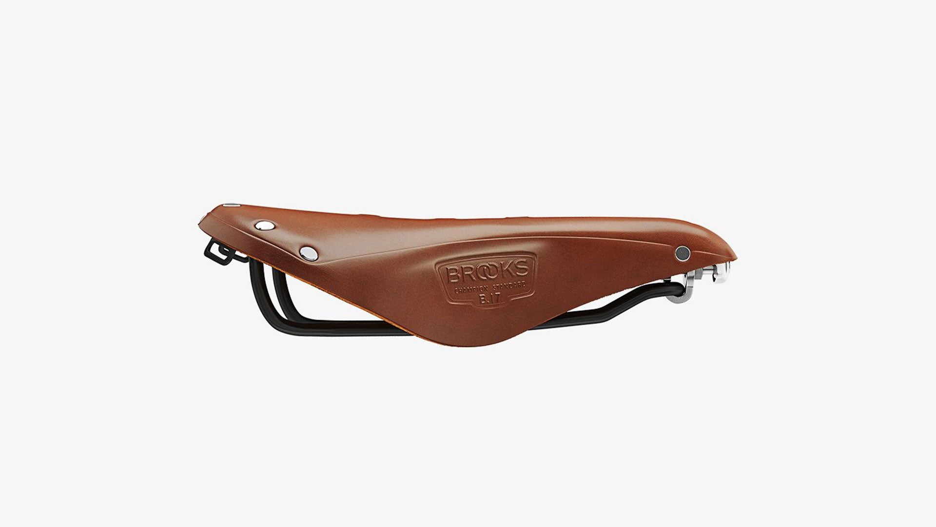 Brooks B17 honey saddle seen from the side on a white background