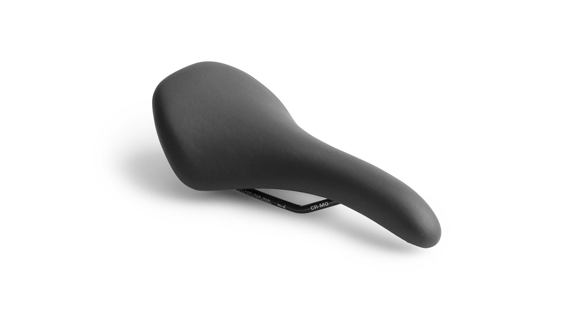 A sleek black track style saddle on a white surface