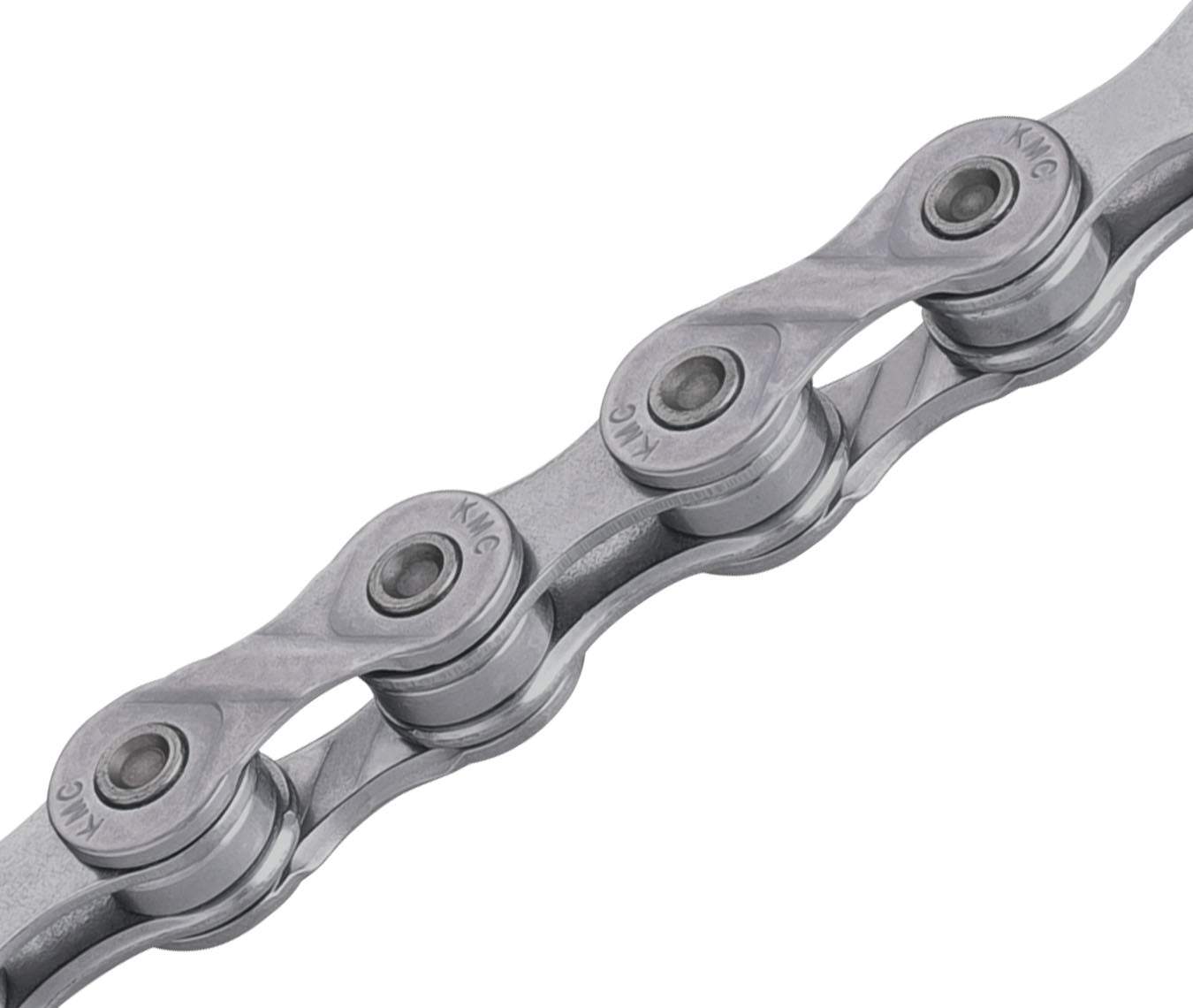 Close-up of bike chain links with "KMC" engraved on each link