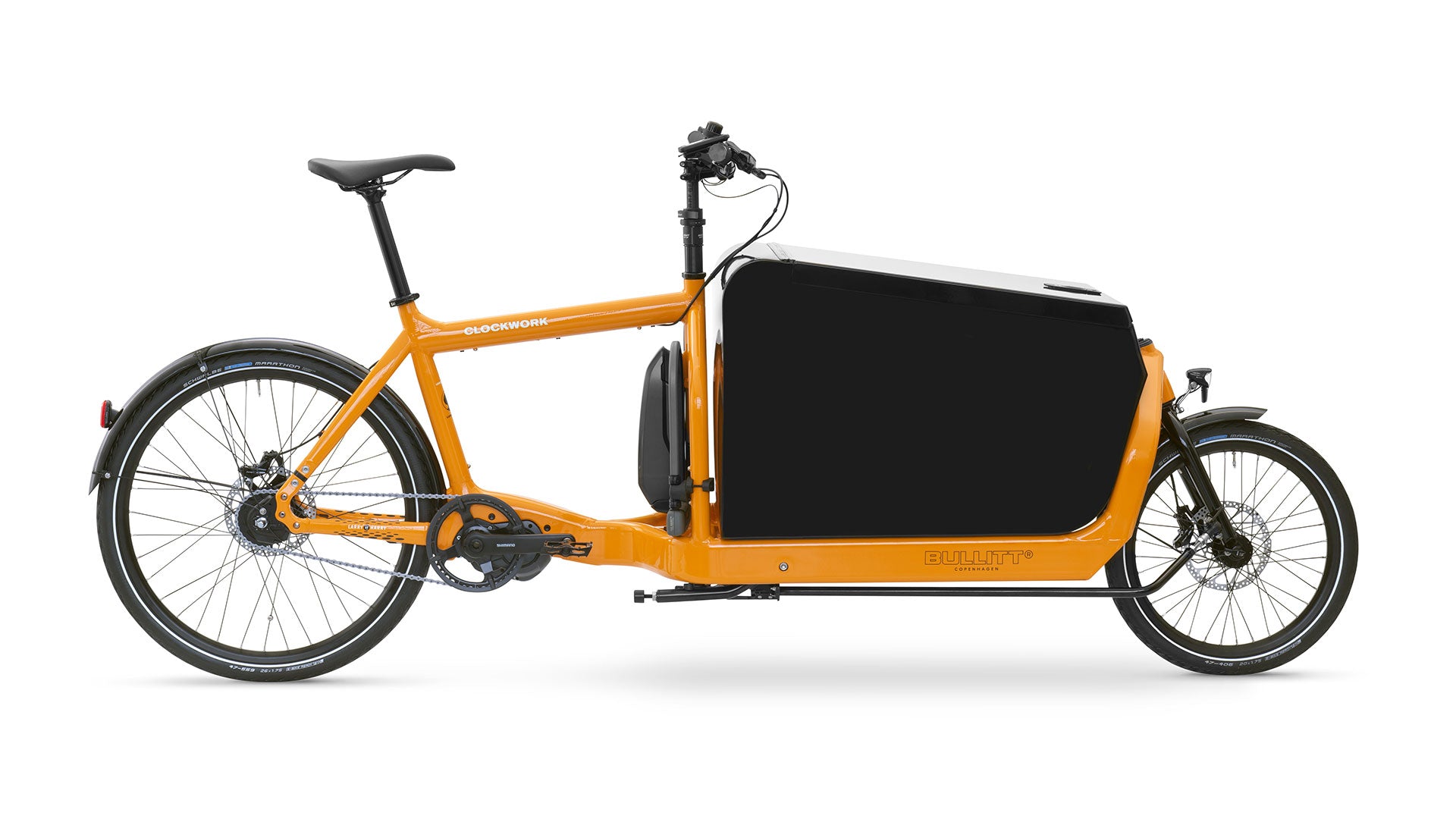 An eBullitt 6100 in the Clockwork (orange) colourway, with a black Convoy alumninium cargo box mounted on the cargo bed.