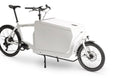 A white eBullitt cargo bike with a lidded white aluminium cargo box mounted on the cargo bed