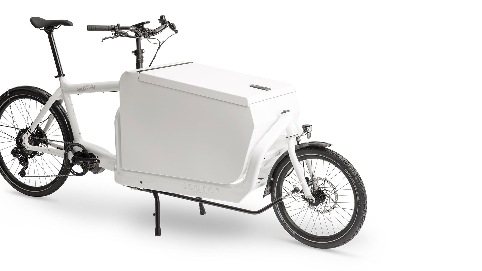 A white eBullitt cargo bike with a lidded white aluminium cargo box mounted on the cargo bed