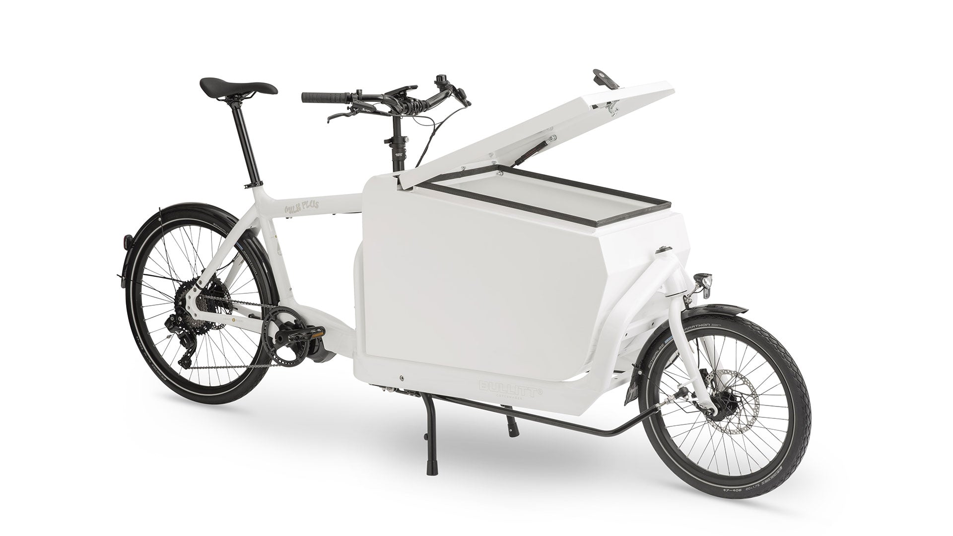 A white eBullitt cargo bike with a lidded white aluminium cargo box mounted on the cargo bed. The lid is open, with a hydraulic arm and the locking mechanism visible.