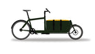 Cargo bag from Dyed in the wool with dark green, grey and yellow panels displayed on a dark green bullitt
