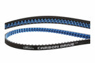 Closeup of the Gates carbon belt lying on a white surface. The belt is blue on the inside and black with white writing "Gates Carbon Drive tm" on the outside