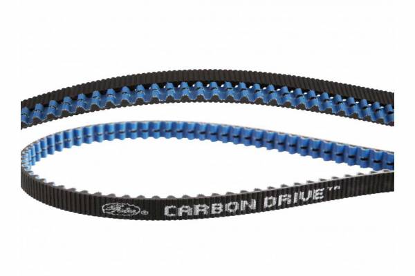 Closeup of the Gates carbon belt lying on a white surface. The belt is blue on the inside and black with white writing "Gates Carbon Drive tm" on the outside