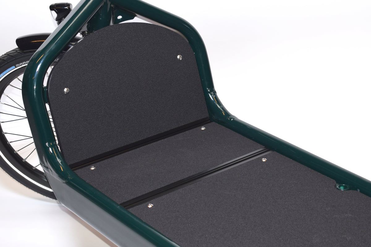 Closeup of a dark green Bullitt X cargo bike with the honeycomb board and extender mounted, on white background