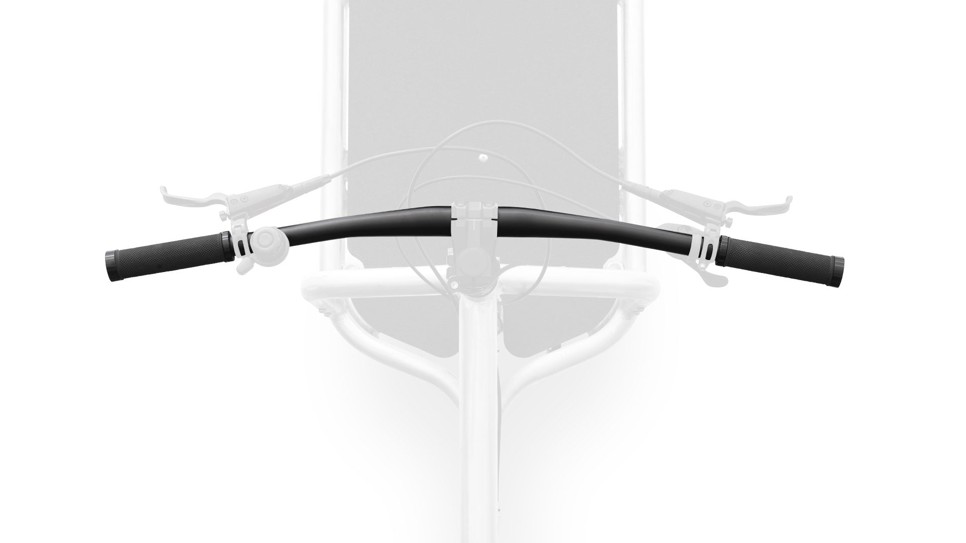 Closeup of the handlebar on a silver Bullitt cargo bike, seen from above.