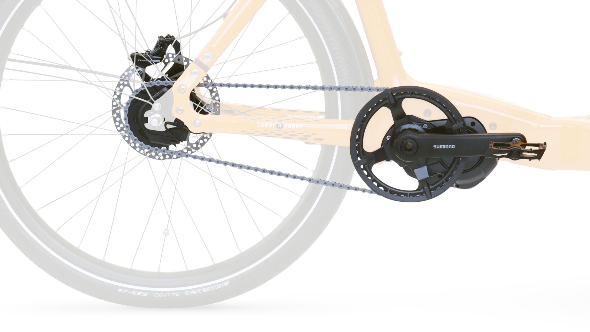 Closeup of the Nexus 5 Di2 gear group mounted on an eBullitt. It is internal gearing with chain and electronic shifting.