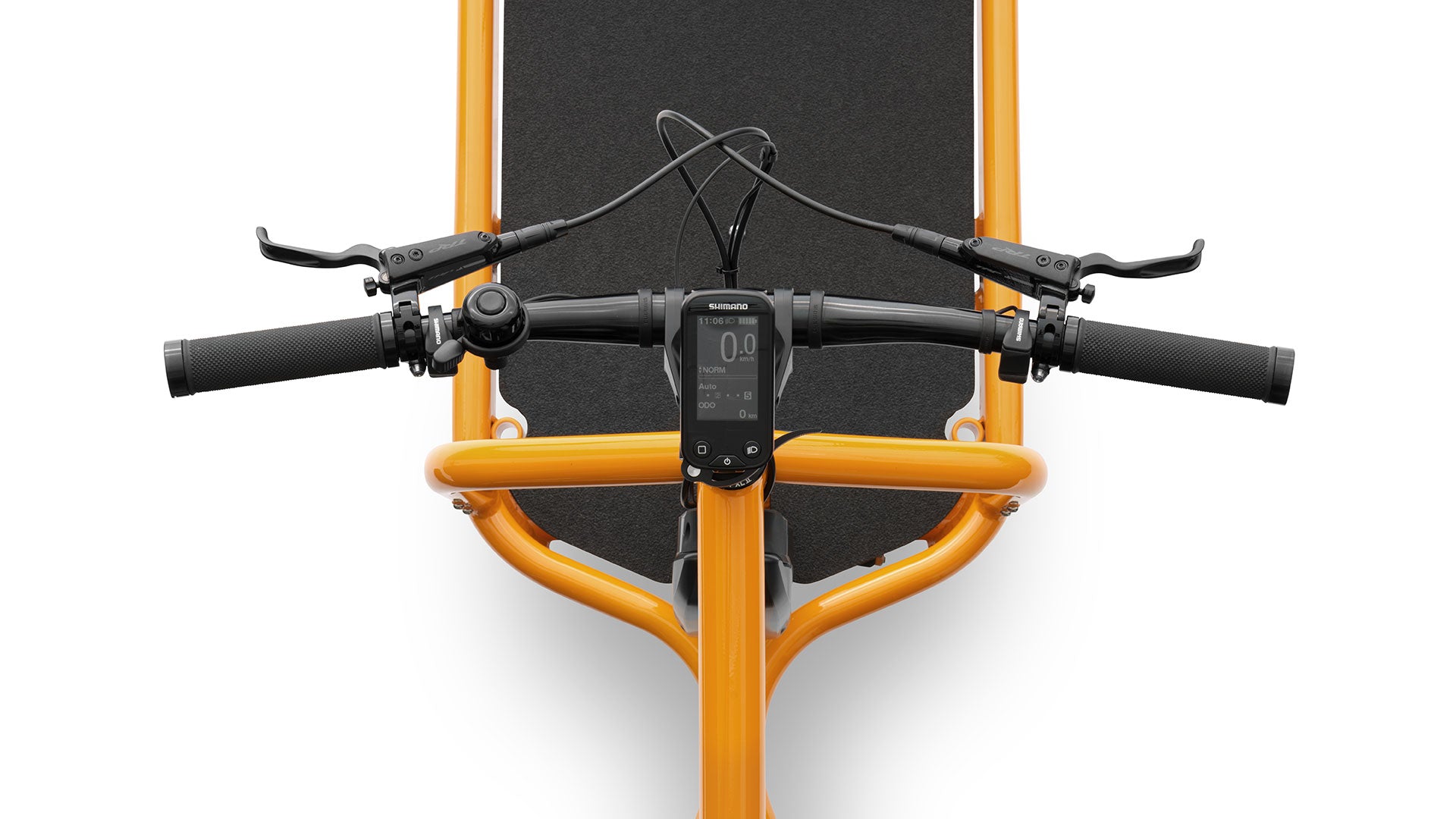 Top view of a eBullitt 6100 handlebar with the Nexus 5 gear shifter buttons visible on the right and left hand side.