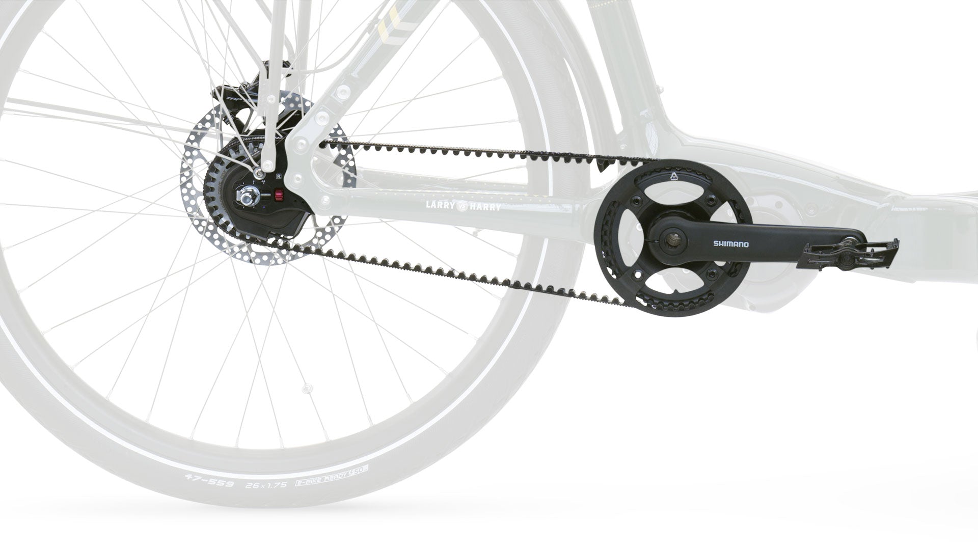 Closeup of the Nexus 5 Di2 gear group mounted on an eBullitt. It is internal gearing with belt and electronic shifting.