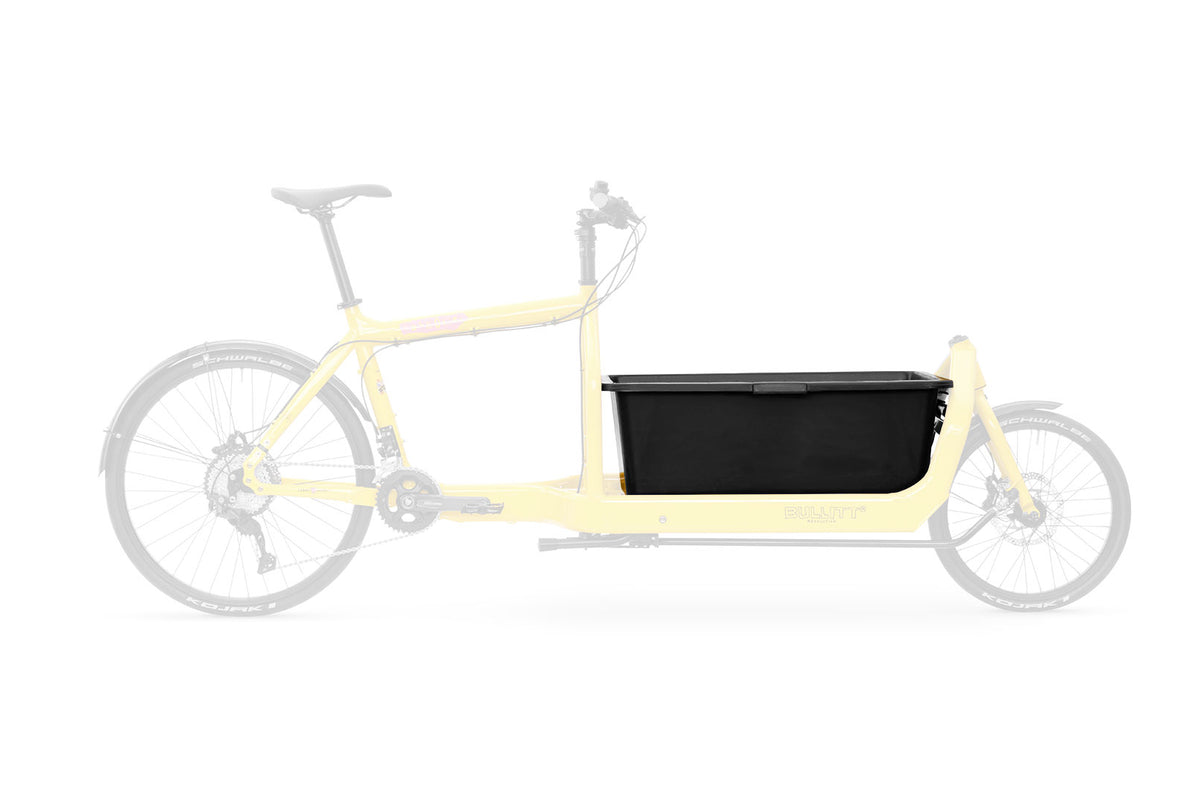 A black mortar tub style plastic box, mounted on a Bullitt cargo bike.
