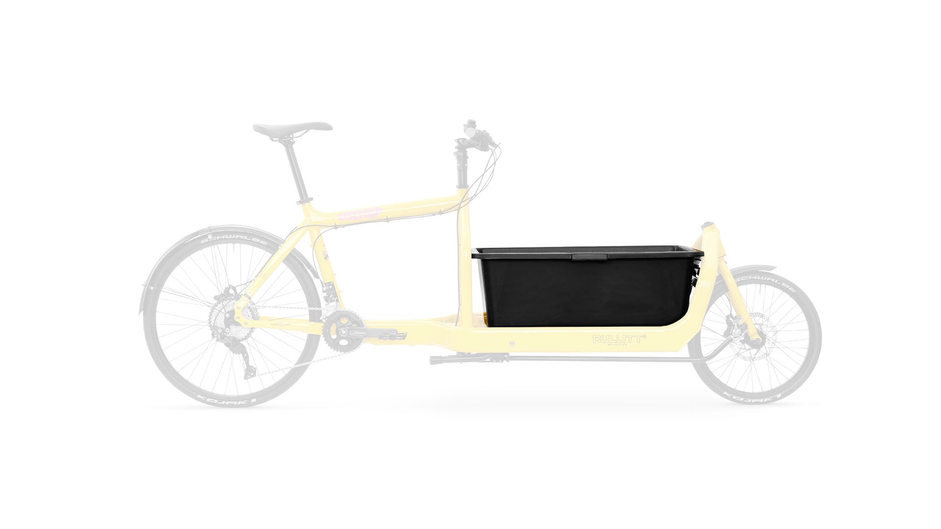 A black mortar tub style plastic box, mounted on a Bullitt cargo bike.