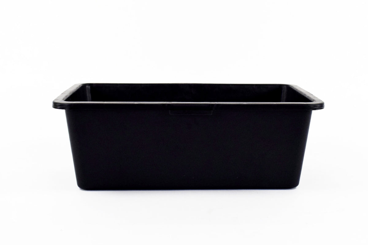 A black mortar tub style plastic box, on white background