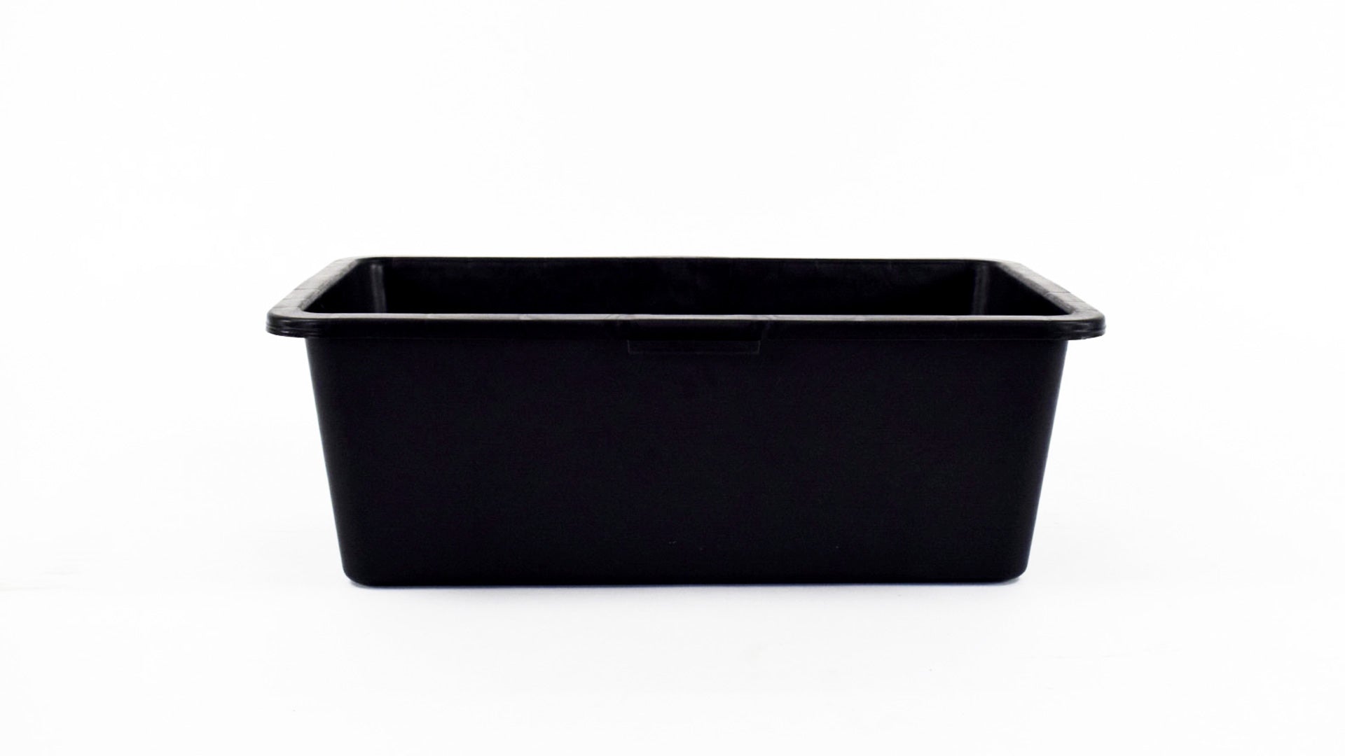A black mortar tub style plastic box, on white background