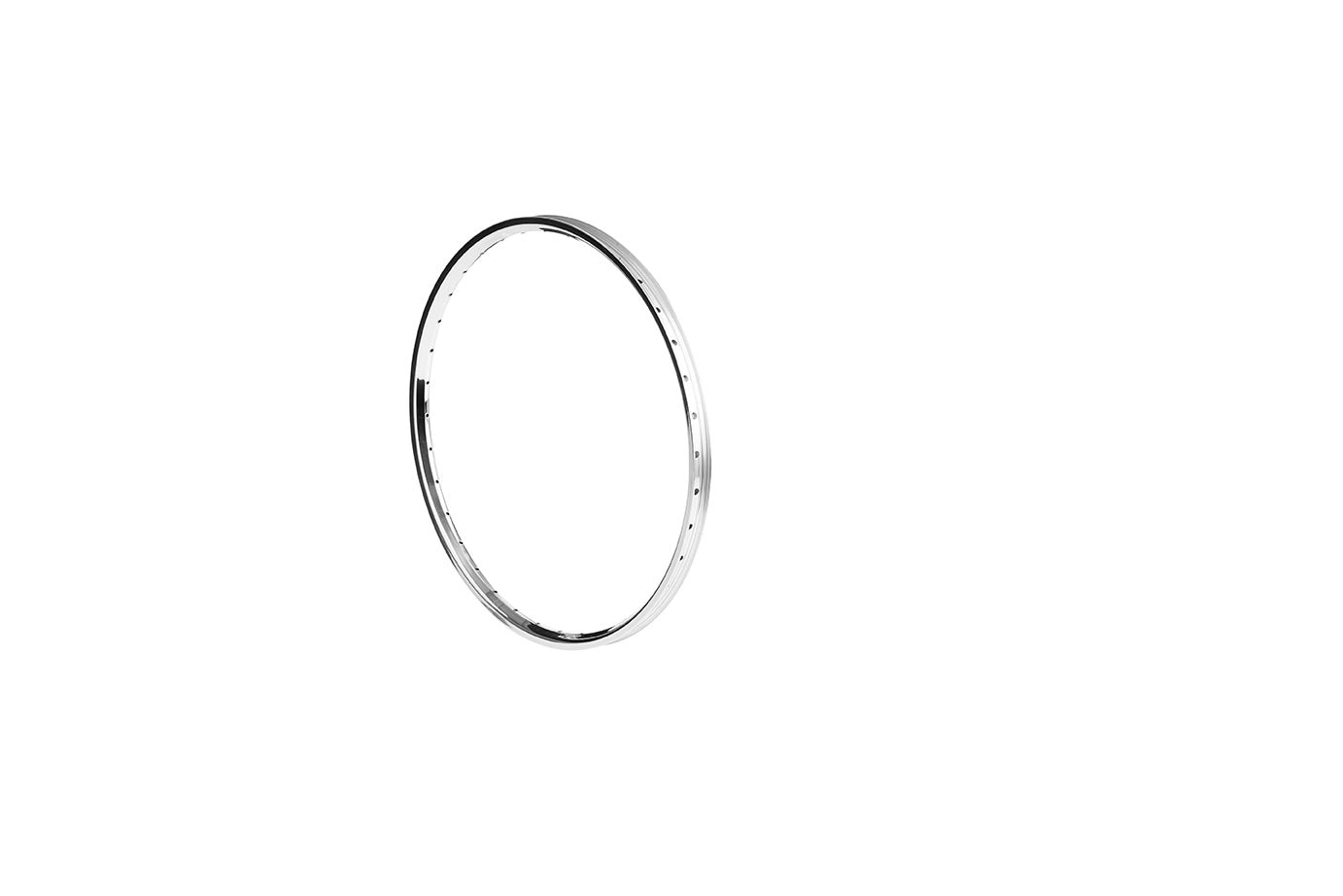A polished silver rim 26" standing on a white surface