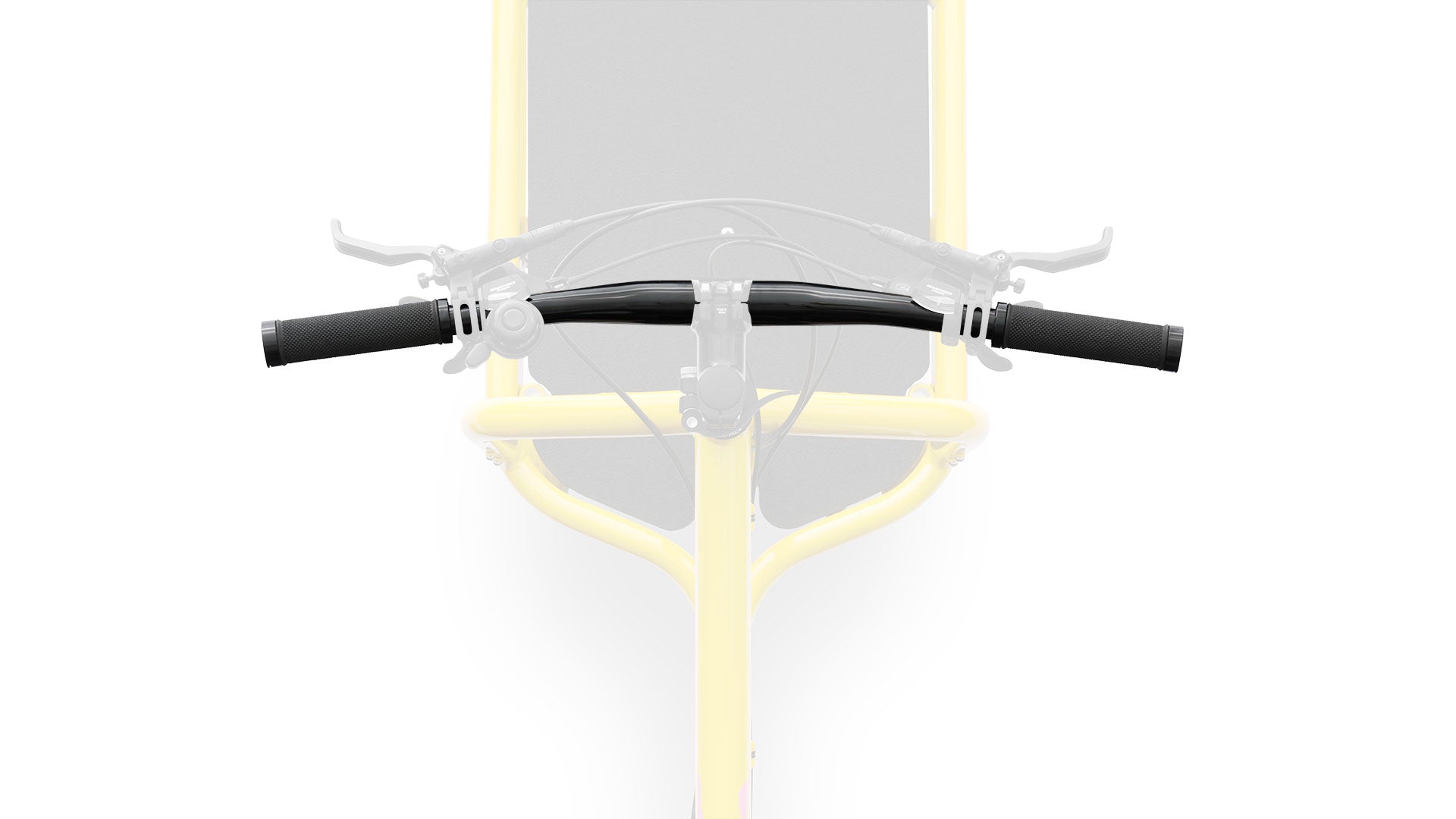 Closeup of the handlebar on a yellow Bullitt, seen from above.