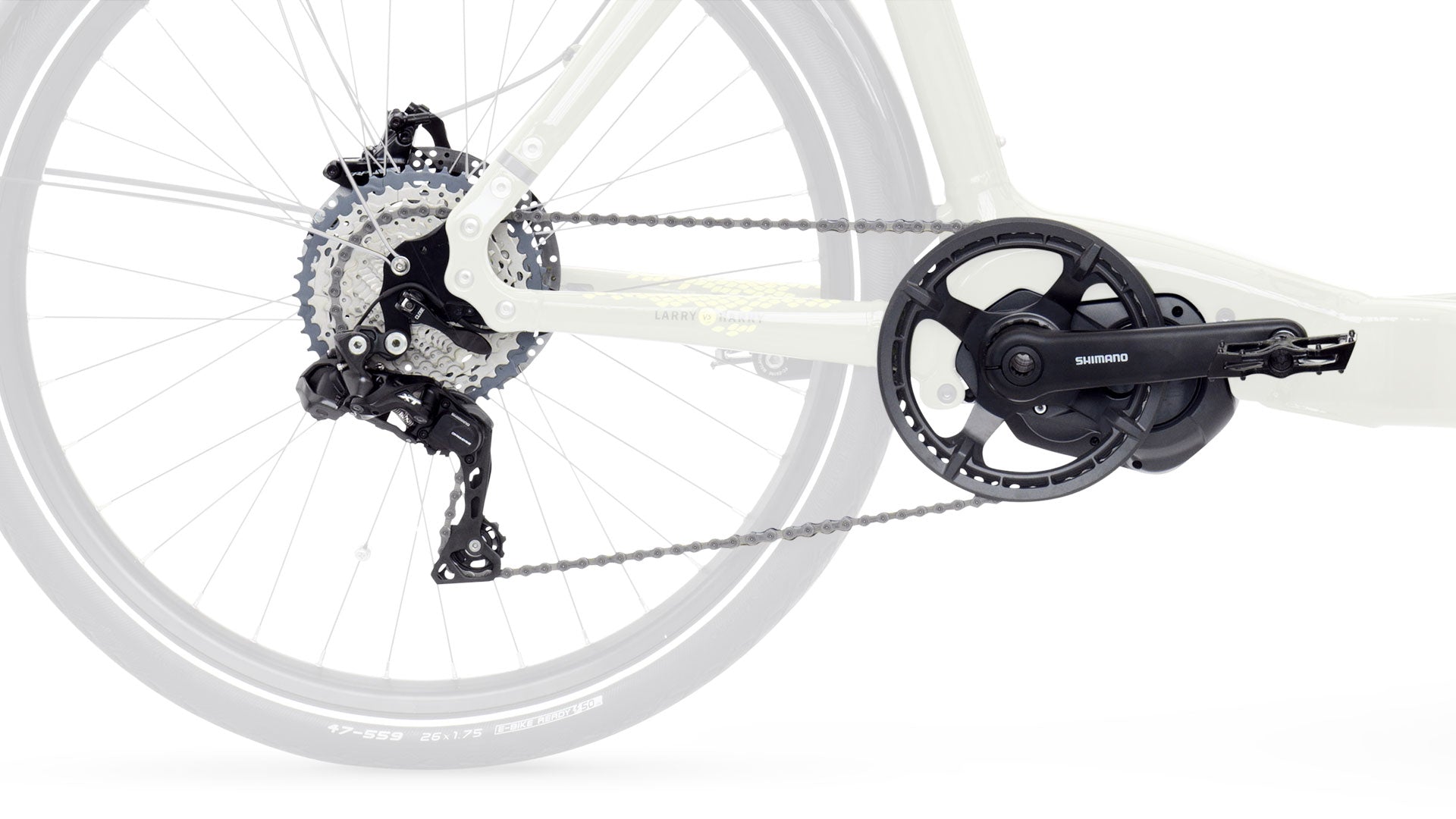 Closeup of the XT 11 speed gear group mounted on an eBullitt. It is external gearing with a single chainring in the front, 11 speed cassette and electronic shifting.