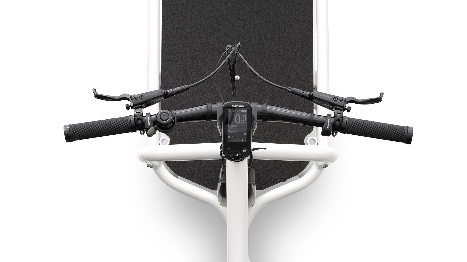 Top view of an eBullitt handlebar with the XT 11 speed shifter buttons visible on the right and left hand side.