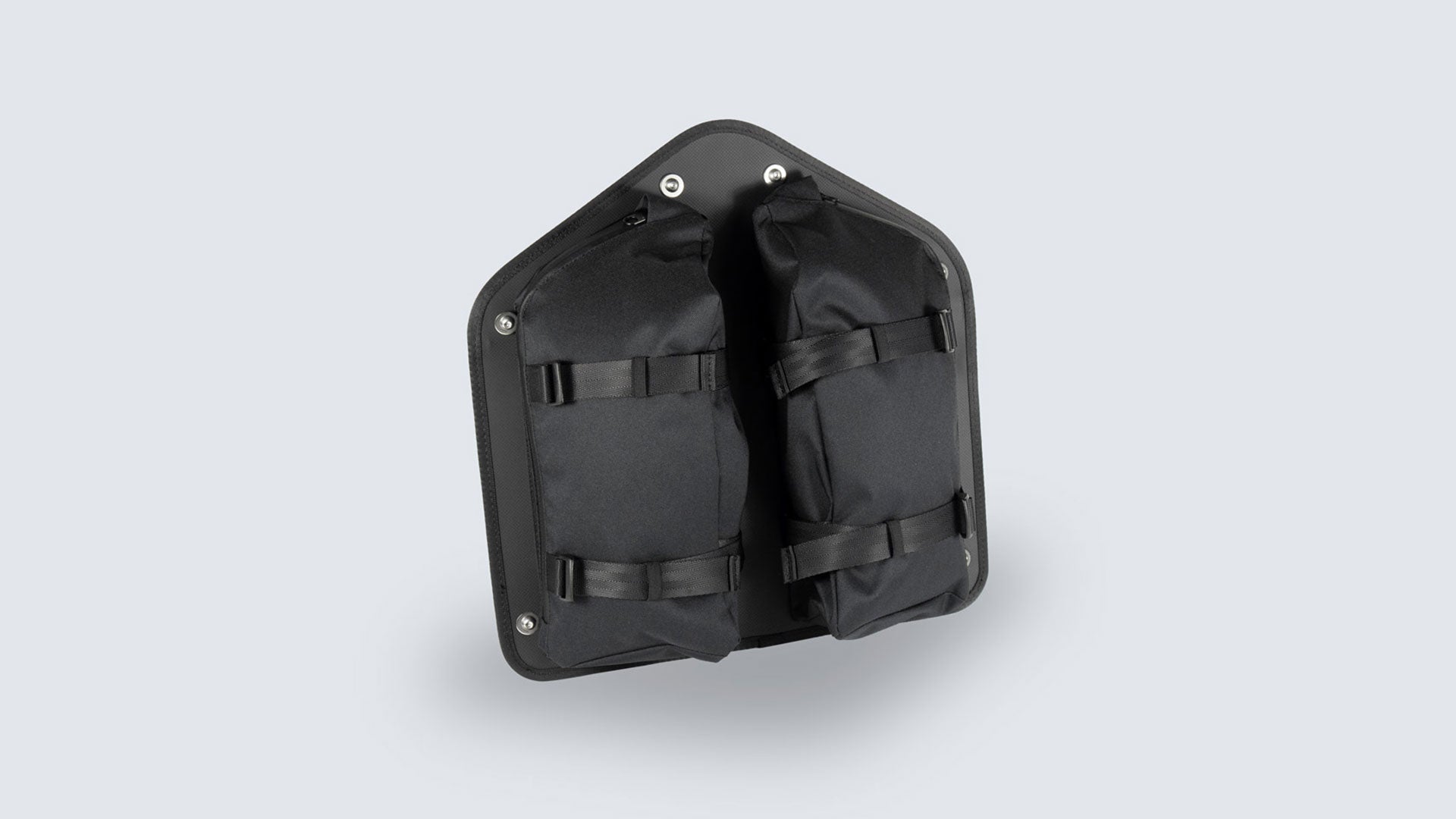 Font of Fahrer Panel Bags, showing two storage pockets with zippers and two webbing cinches on each pocket.