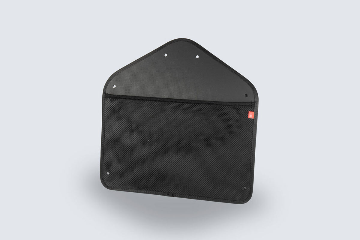 Back of Fahrer Panel Bags, showing a panel with a netting pocket with elastic edgeband, that covers the lower half of the panel