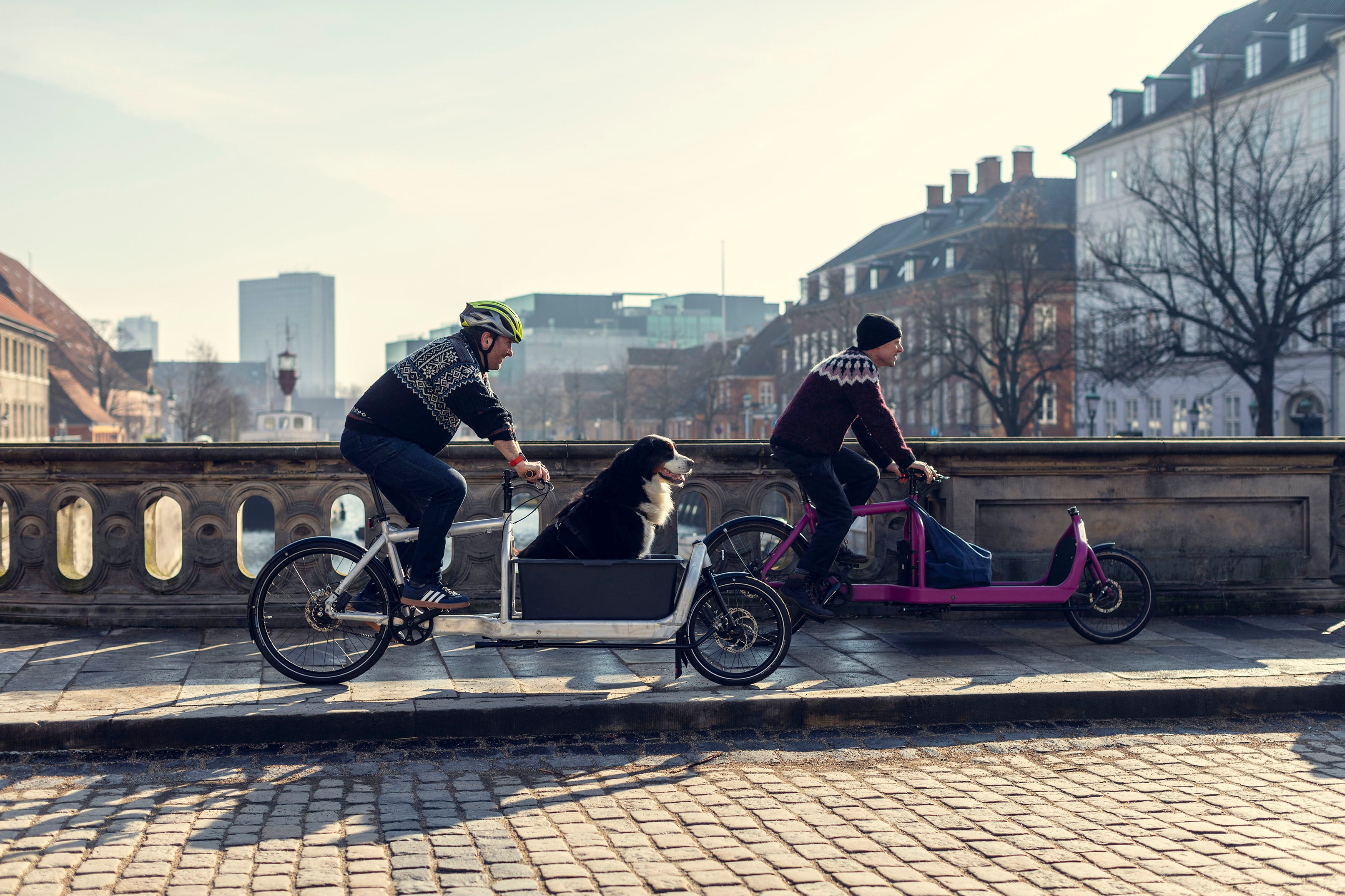 Two men riding Bullitt cargo bikes across a bridge in Copenhagen. One has a dog riding in the front.