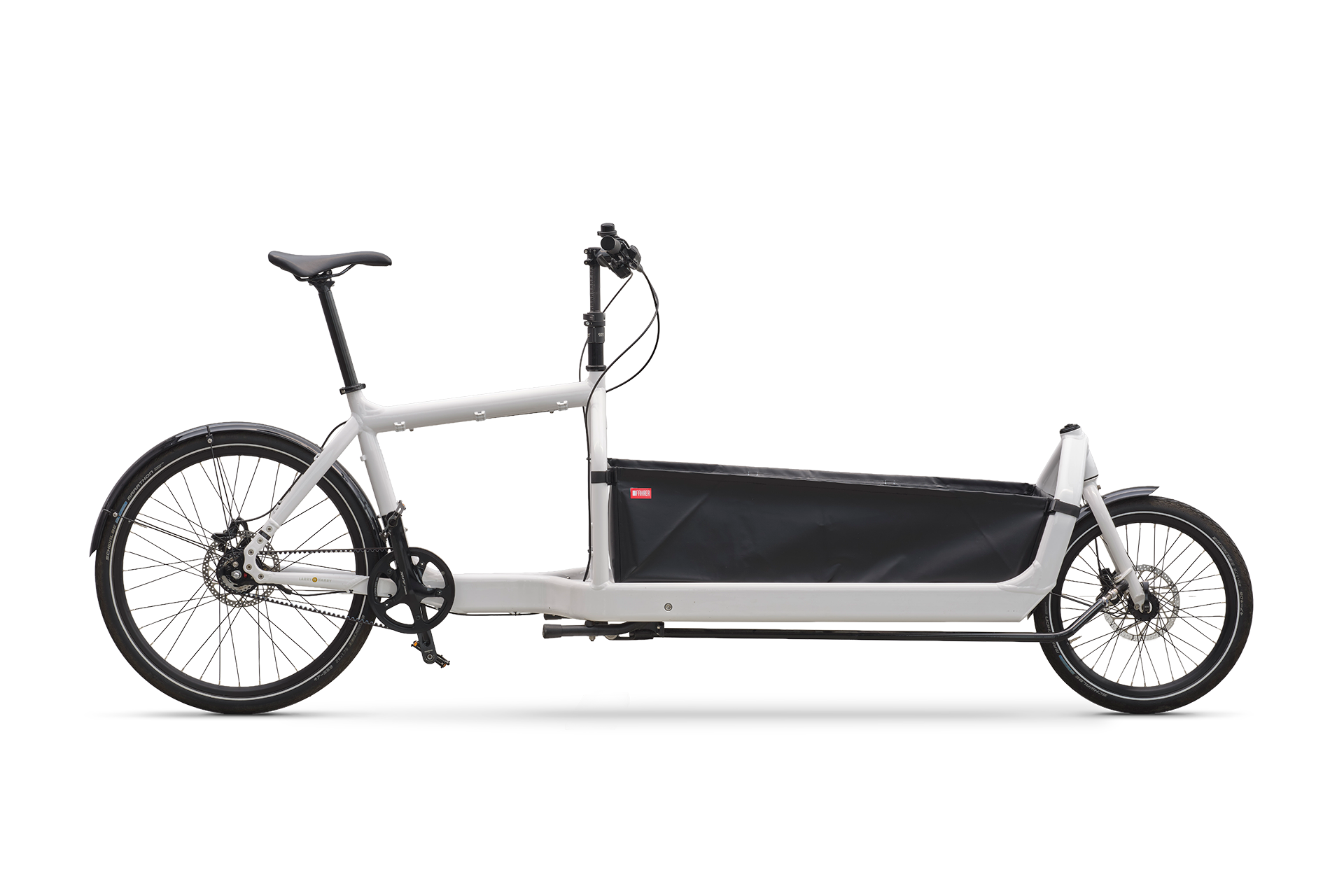 White Bullitt cargo bike with a black cargo bag