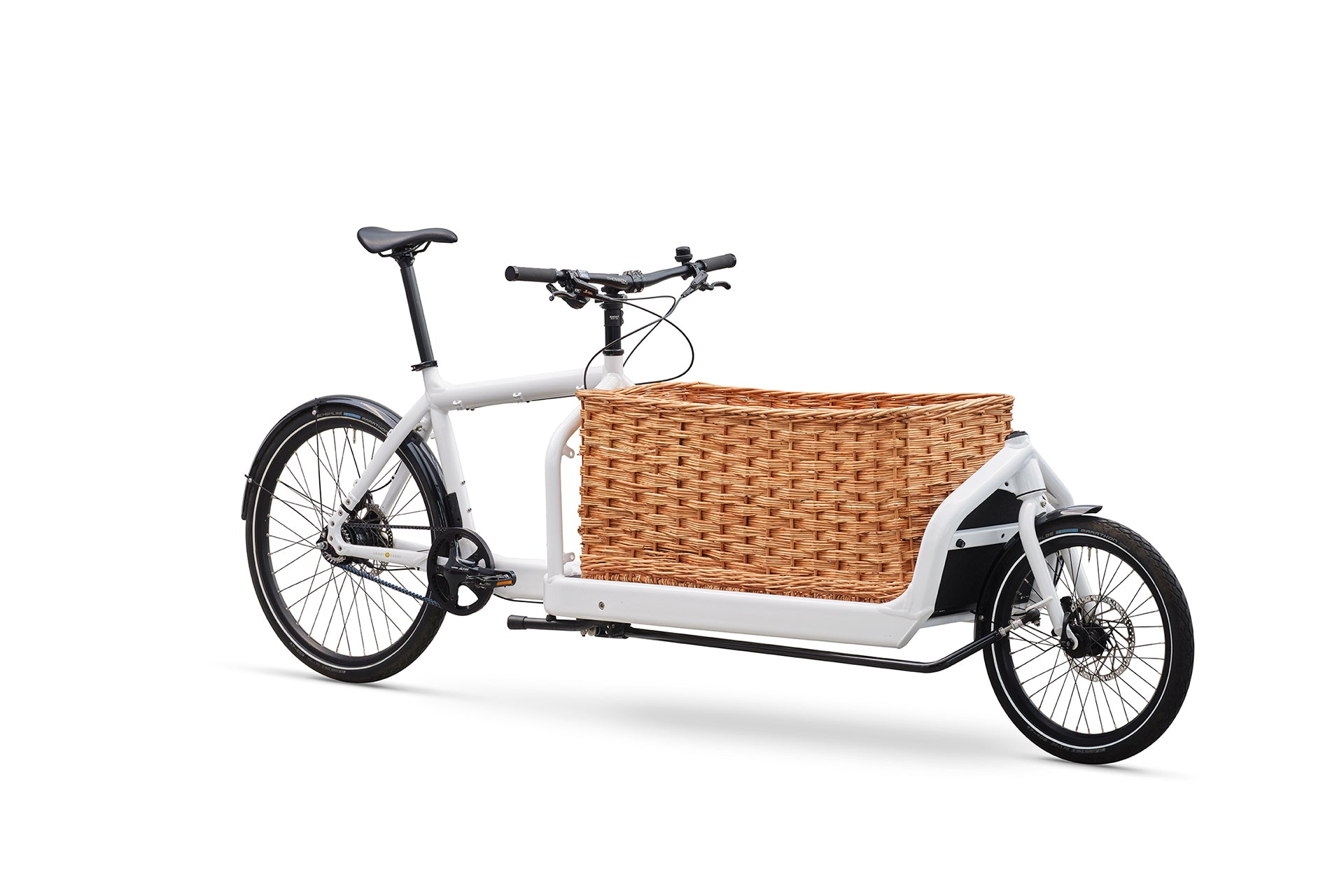 White Bullitt cargo bike with a wicker basket on a white background