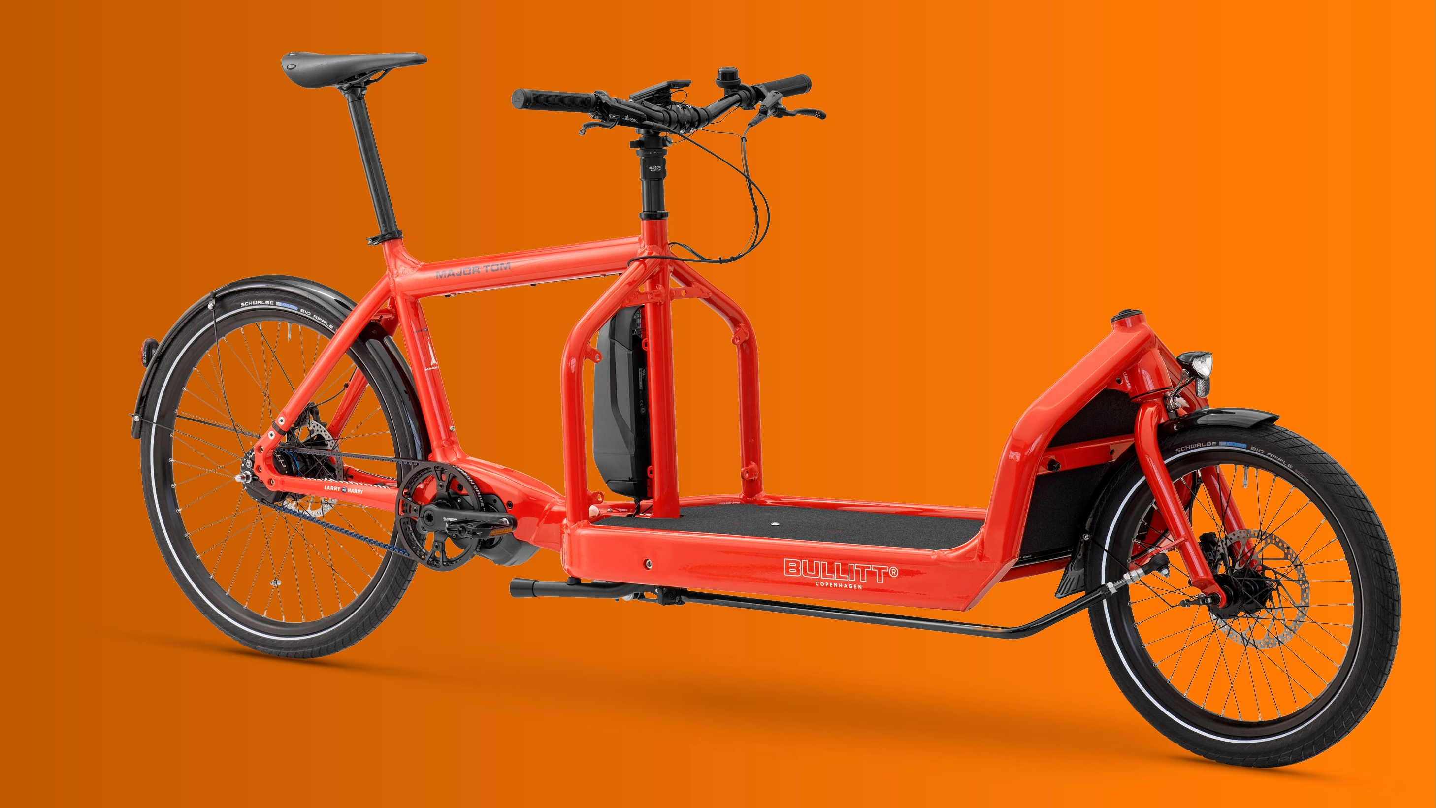 Red Bullitt e-cargo bike on an orange background
