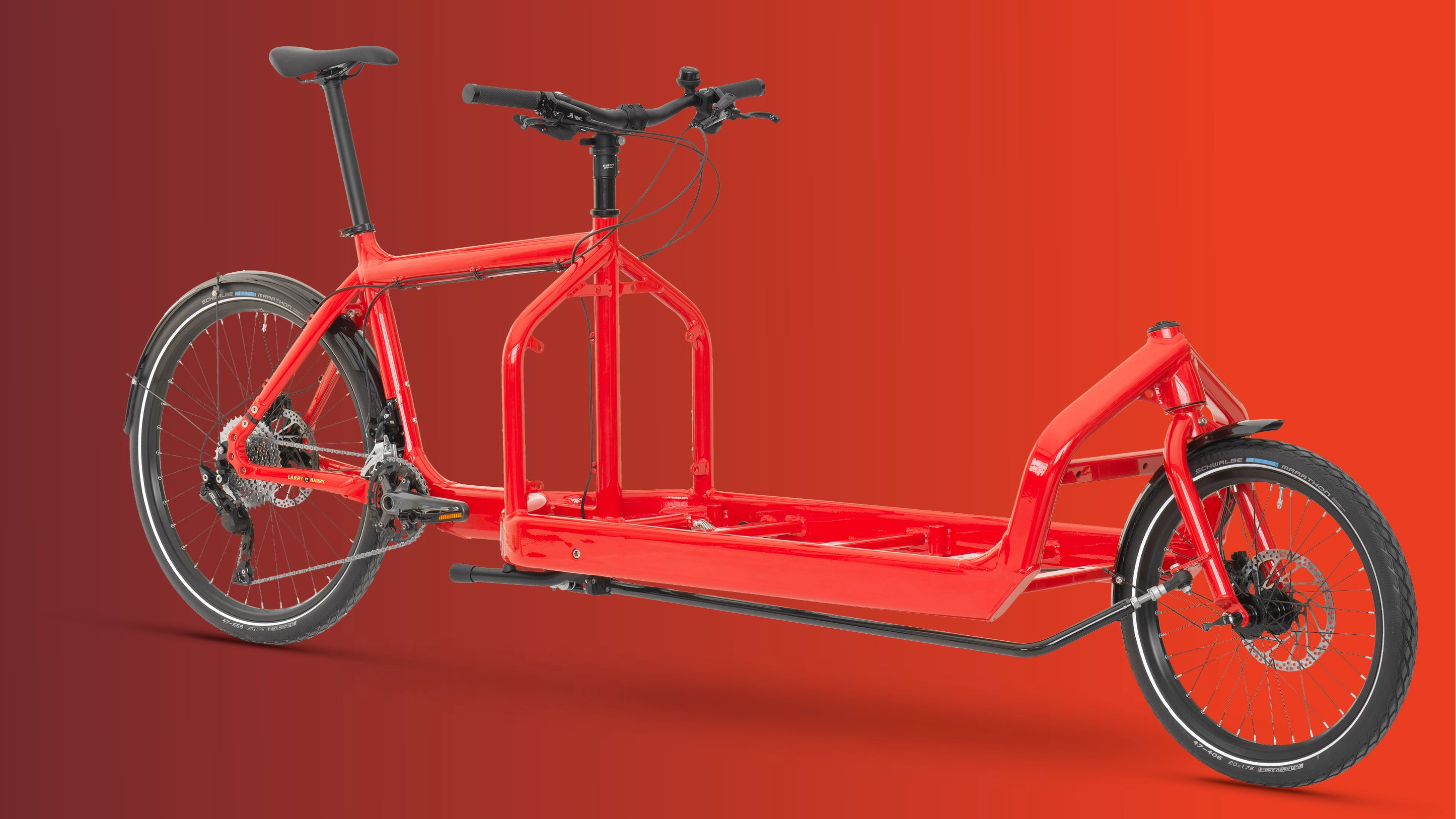Red Bullitt cargo bike on a dark red background