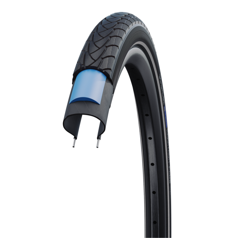 Rendering of a Schwalbe Marathon Plus tyre, cut though to show the thicker puncture proofing